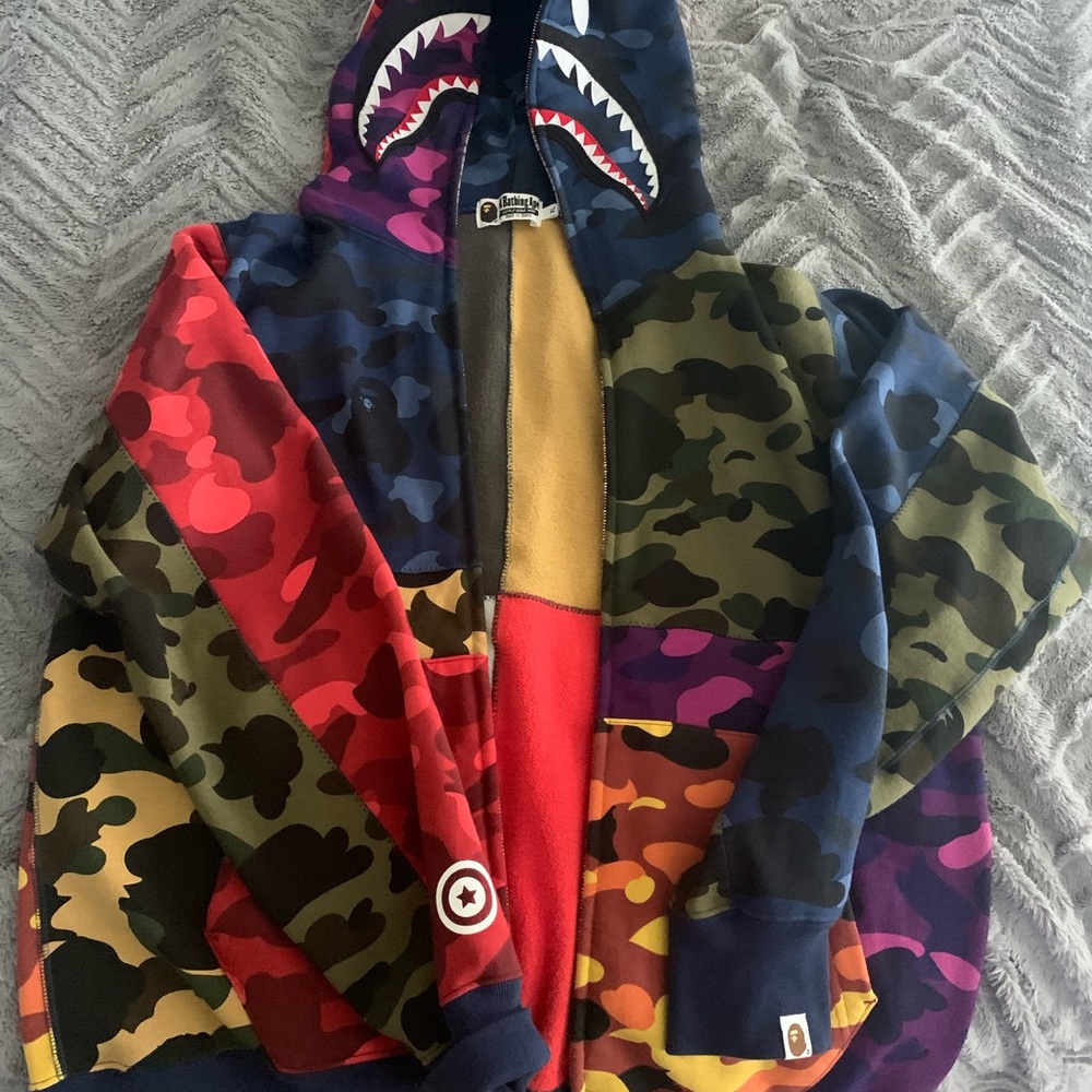 blue and green and red Camo Shark hoodie